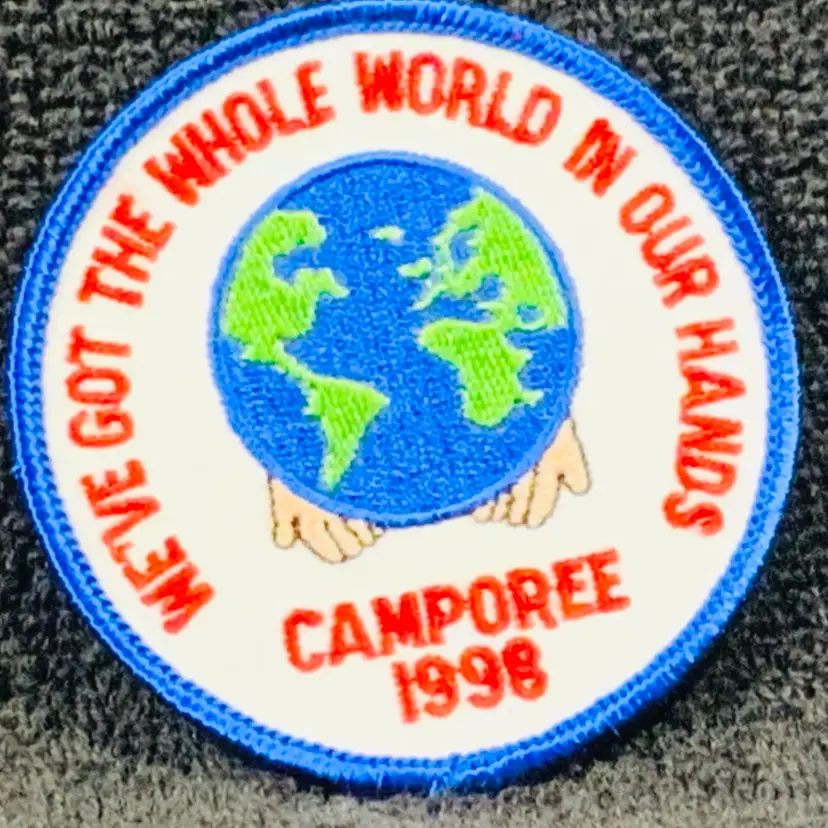 Vintage Scouting Fun Patch: We’ve Got The Whole Work In Our Hands Camporee 1998