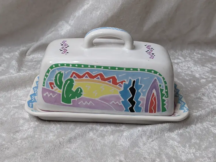 Judith Geiger Chaleur Covered Butter Dish Southwest Desert Folk Art Theme 1980s Colorful Gift