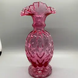Fenton Ruby (overlay) Diamond Optic Melon Ruffled Edge Vase 8.25" tall