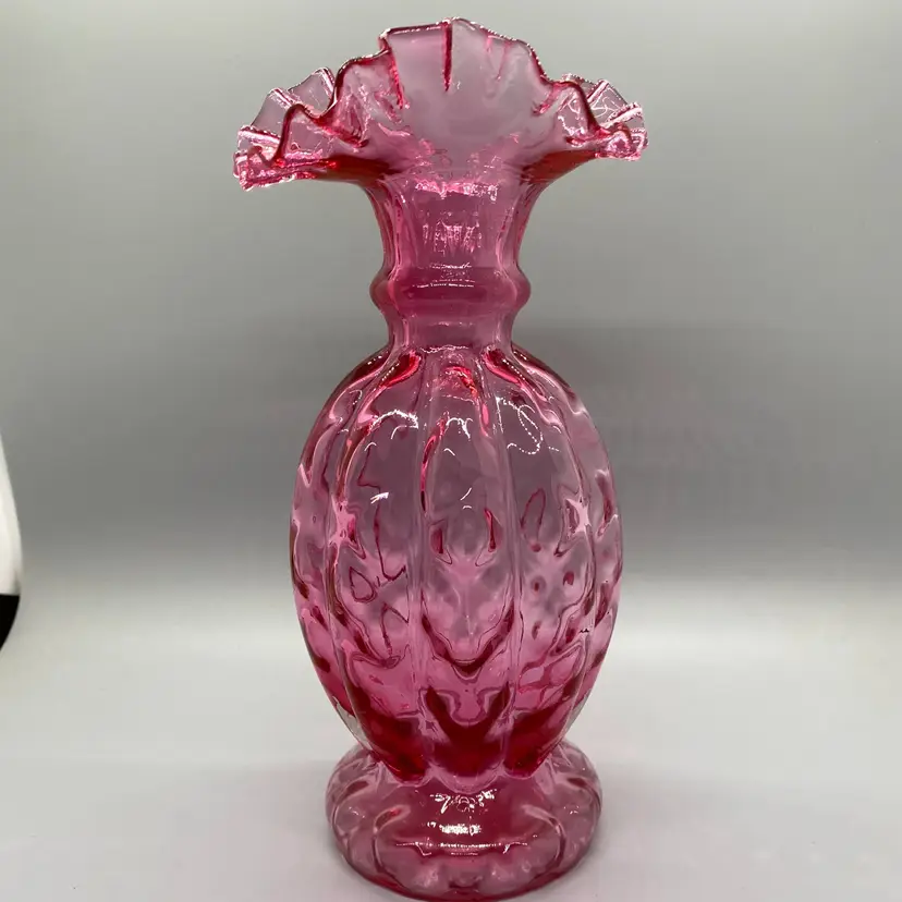 Fenton Cranberry Glass Optic Melon Diamond Ruffled Edge Vase 8.25" tall