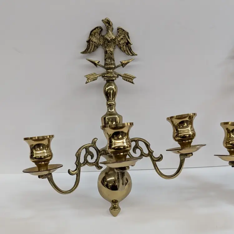 Vintage Set of Brass Americana Eagle Wall Sconces Triple Candle Holders 2 Arrows