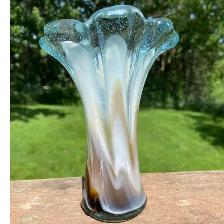 8-fingers (pedals), Handblown Swung Vase. Light Aqua With Whites, Chocolates And Caramels. 6” Tall. Polished Bottom With Unpolished Pontil.