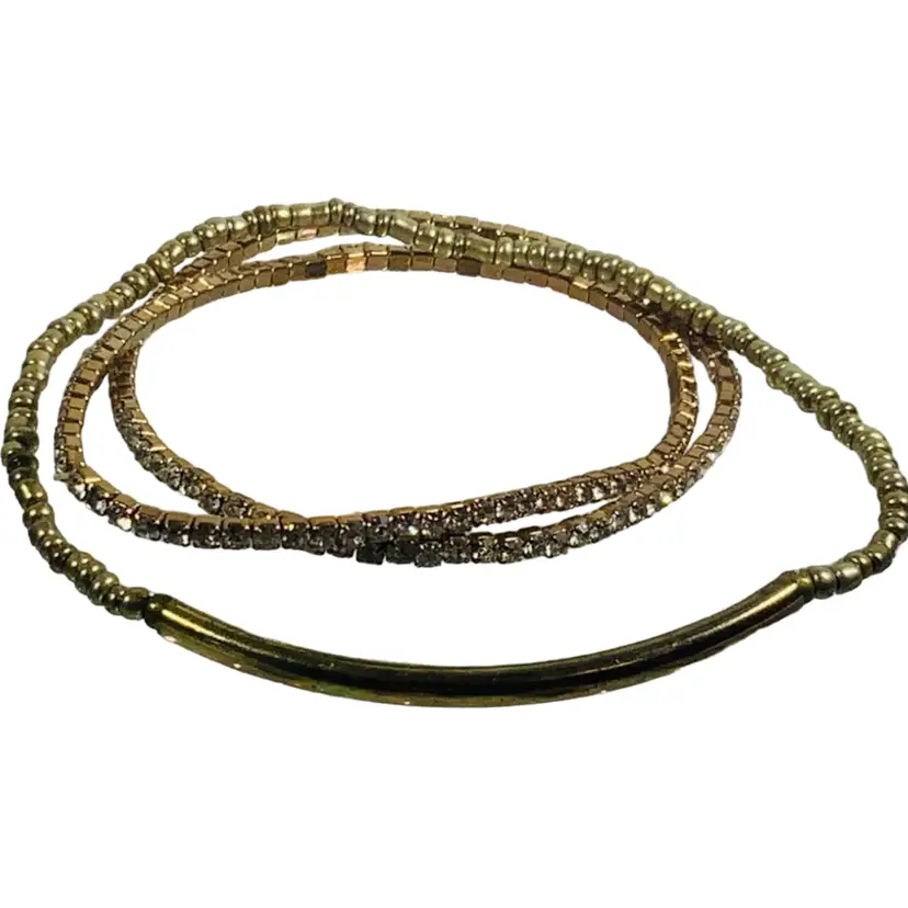 Vintage Costume Jewelry Bracelet Gold Tone Metal Rhinestones And Acrylic Beads Three Stands