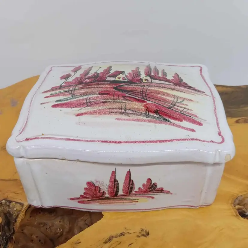 Made in Italy trinket box, small chip in glaze, countryside scene, red, black, white