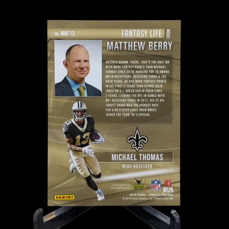Michael Thomas 2018 Panini Donruss Fantasy Life Refractor features Matthew Berry New Orleans Saints