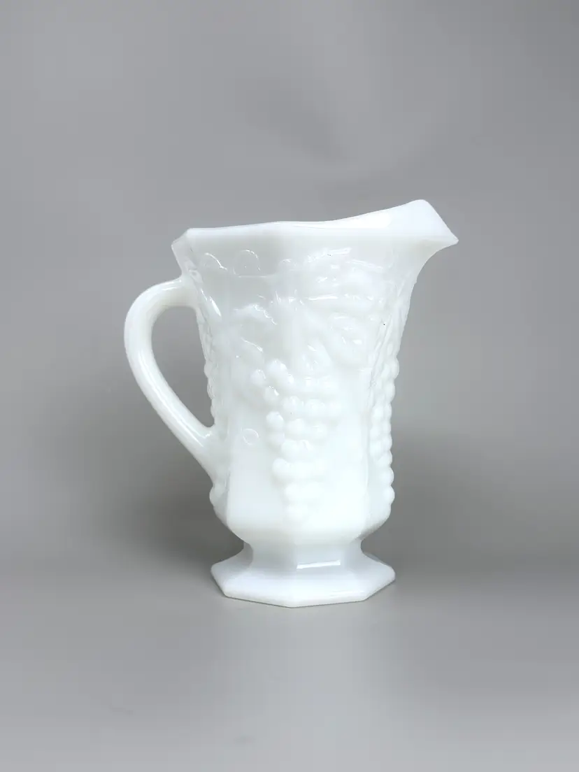 White Milk Glass Pitcher: Indiana Harvest Grape 7 Inch