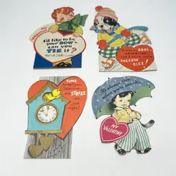 Lot Of 4 Kitschy Cute Kids Vintage Valentines Bow + Dog + Clock + Umbrella
