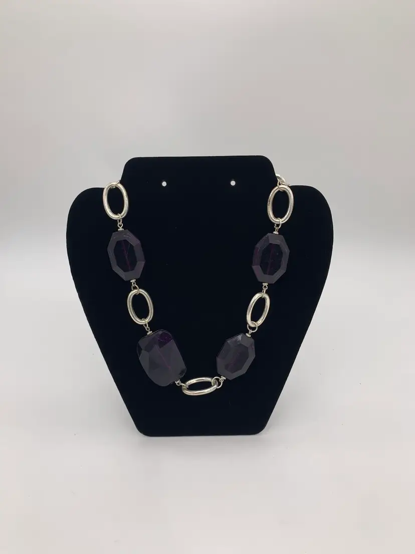 Vintage Purple & Silver Tone Oval Chunky Crackle Geometric Fashion Necklace