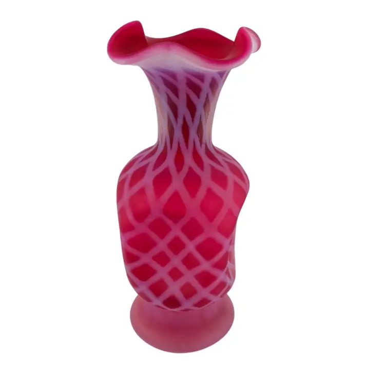 Fenton Glass Cranberry Pinched Optic Vase 7.5” Cottagecore
