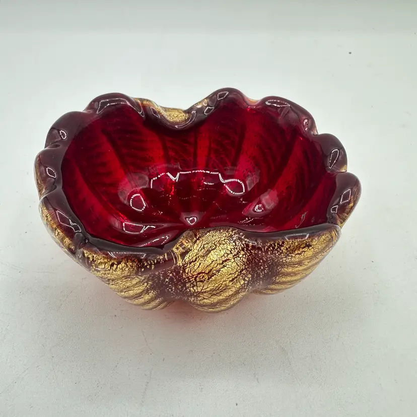Murano Red Gold Aventurine Cordonato d’Oro Barovier & Toso Style Art Glass Bowl