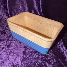 Vintage Universal Potteries cream and blue striped rectangular ceramic utility dish. Fabulous aging and crazing in this piece!