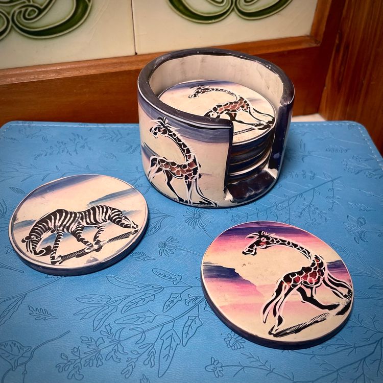 Set of 6 Safari Wildlife Hand Carved African Soapstone Coasters with Holder 2.75"