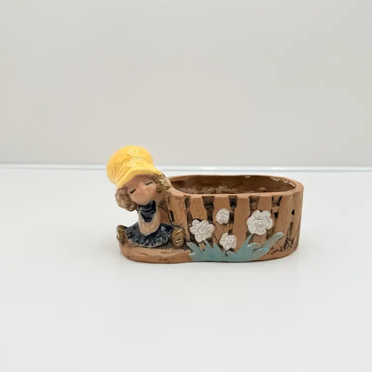 Mcm Ceramic Little Girl With Yellow Hat Vintage Planter