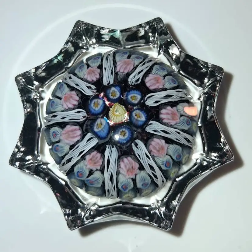 Vintage Strathearn Lg Pressed 8 Point Star Pink/Blue Glass Paperweight w/Latticinio & Paneled Millefiori