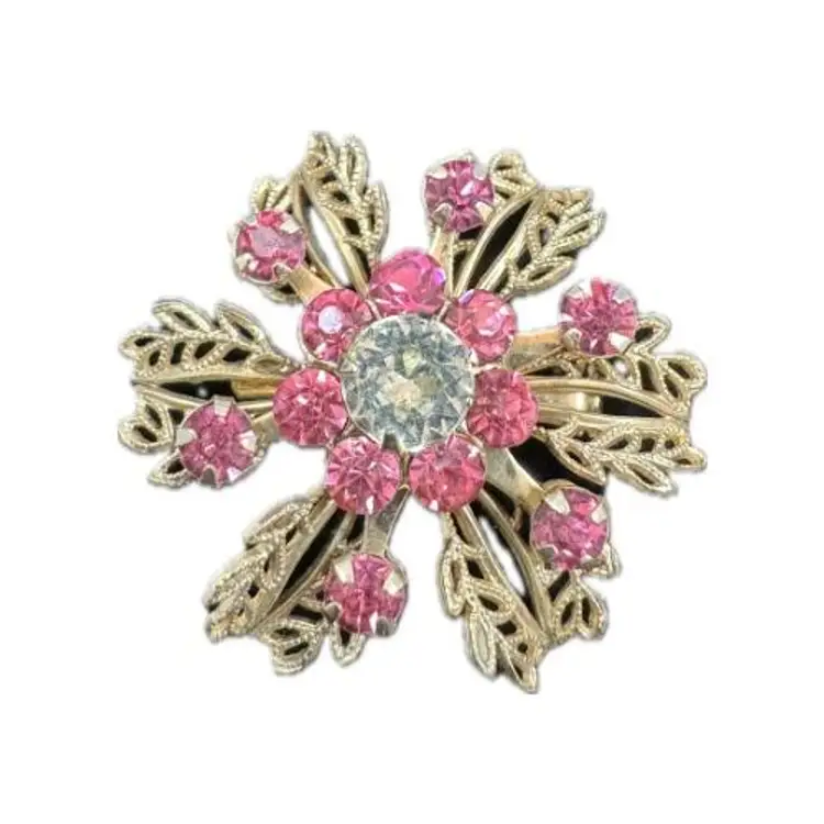 Vintage Flower Pin with Pink and Clear Rhinestones