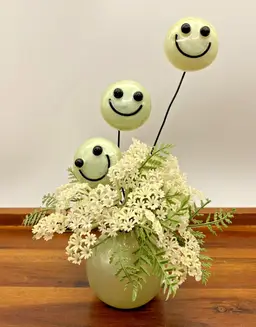 Vintage Smiley Face Lucite Figurine 1960s-70s Flower Bouquet Green Opalescent