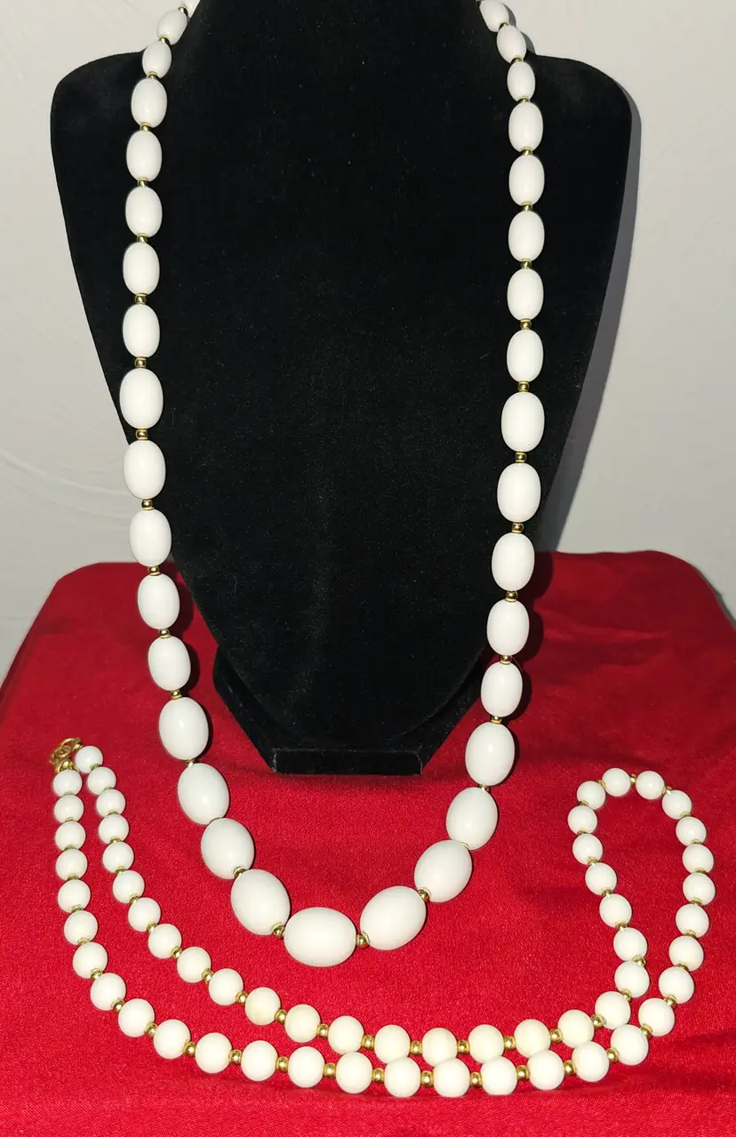Vintage Monet 2pc Lot White Lucite Acrylic Bead Necklaces 1970s Mod Chunky