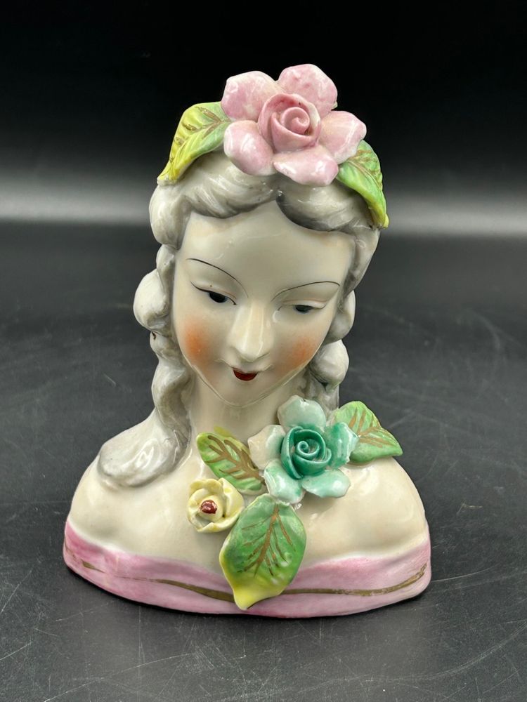 Vintage OccupiedJapan, Lady Bust Wearing Pink Flower And Dress with gold trim figurine