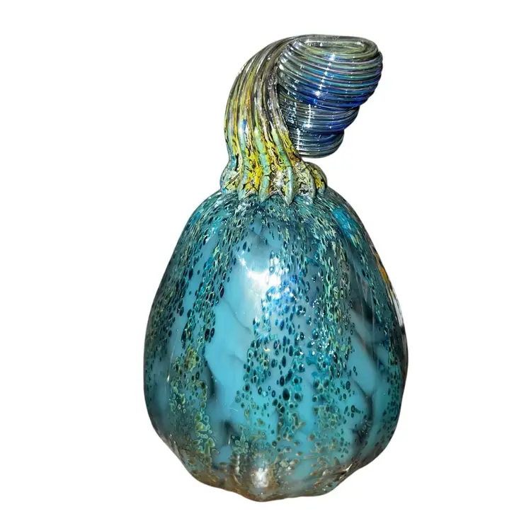 Signed Blue Art Glass Gourd • Pumpkin• Fall Decor•Hand-Blown Studio Sculpture • 2022