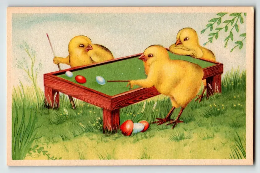 Easter Postcard Baby Chicks Playing Pool Painted Eggs Cue Sticks Unposted 7261