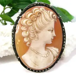 Vintage Sterling Marcasite Carved Shell Cameo Pin or Pendant Gorgeous Brooch
