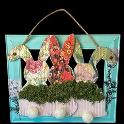 Turquoise Wood Framed 14 X 11.5" Easter Bunnies With Moss And Colorful Decoupaged Papers