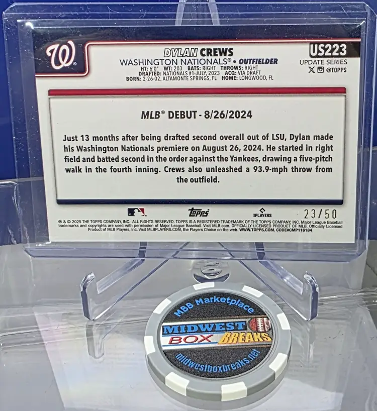 Dylan Crews 2025 Topps Update Rookie Debut Skeleton Foil Insert 23/50 No.US223 Washington Nationals