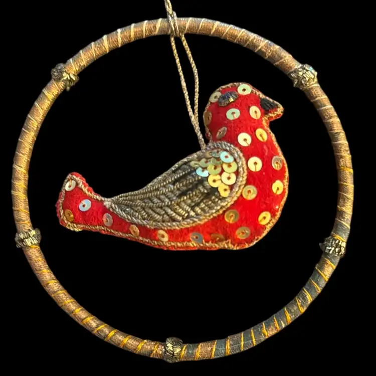 VTG Handmade Red Felt Bird Cardinal Gold Sequins Ornament Gold Stitching Christmas