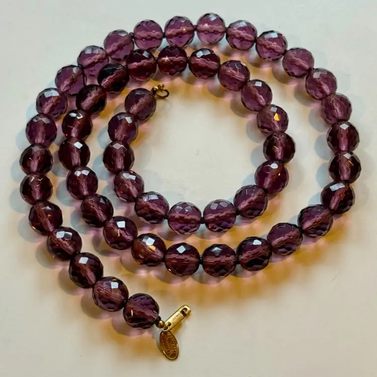 Vintage Miriam Haskell Signed Amethyst Faceted Crystal Bead Necklace 30”, 170g