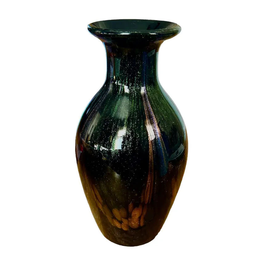 Pier 1 Dark Green with Gold Highlights Glossy Finish Vase