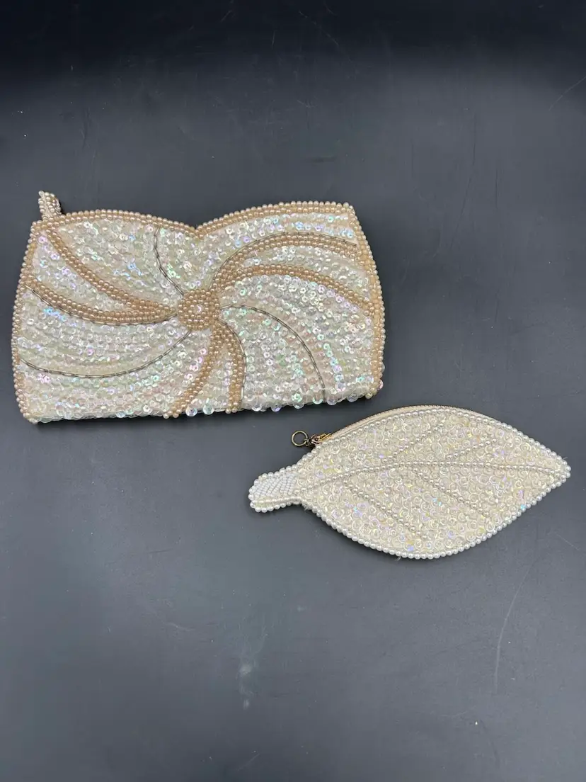 Vintage Sharonee Clutch & Coin Purse Set Beige Beaded & Iridescent Sequin Japan