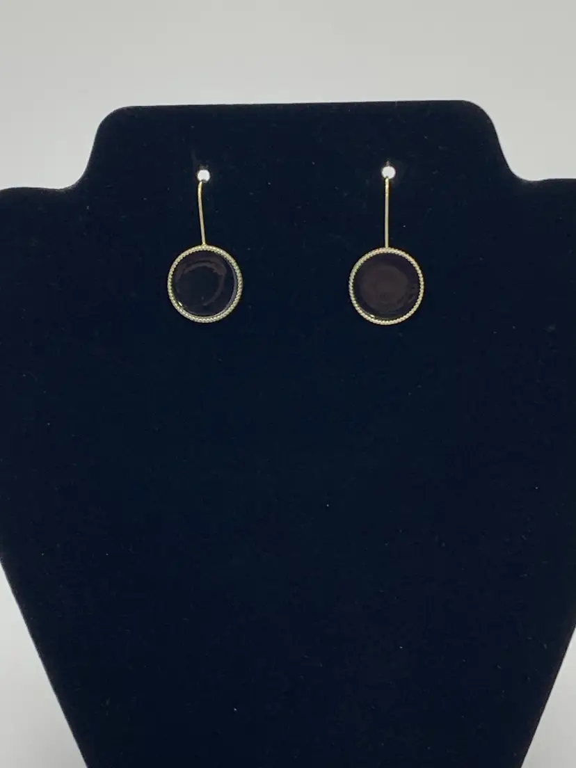 FORNASH Signed Fashion Black And Gold Round Disc Long Hook Drop Vtg. Earrings