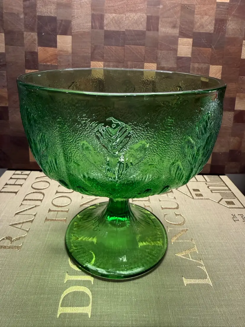 Green Glass Goblet Raised Oak Leaf Pattern