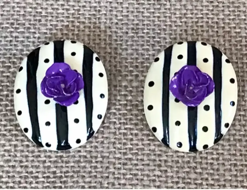 Vintage Funky Whimsical Oval Striped Polka Dot Purple Rose Statement Earrings