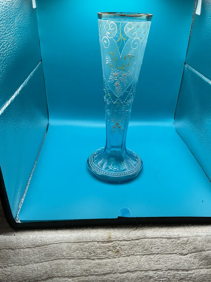 Vintage Blue Hand Blown Enameled Bud Vase