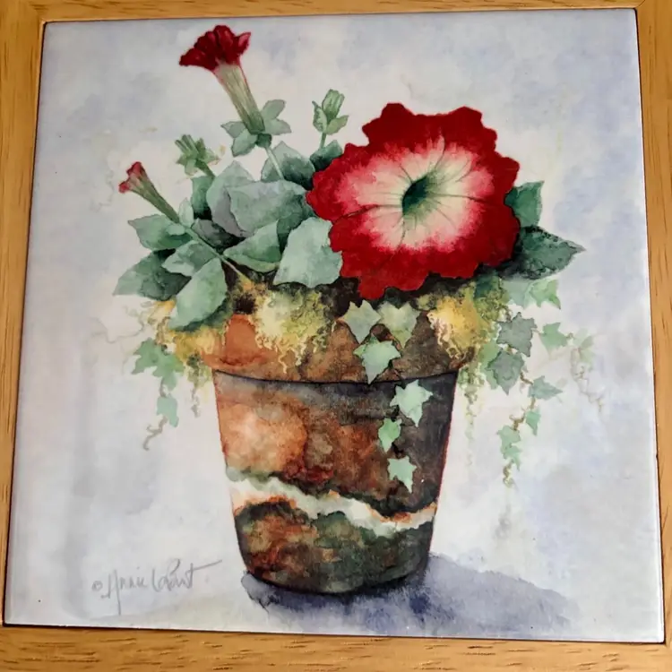 Vintage Annie Lapoint Ceramic Tile Wall Hanging/Trivet with Petunias & Ivy
