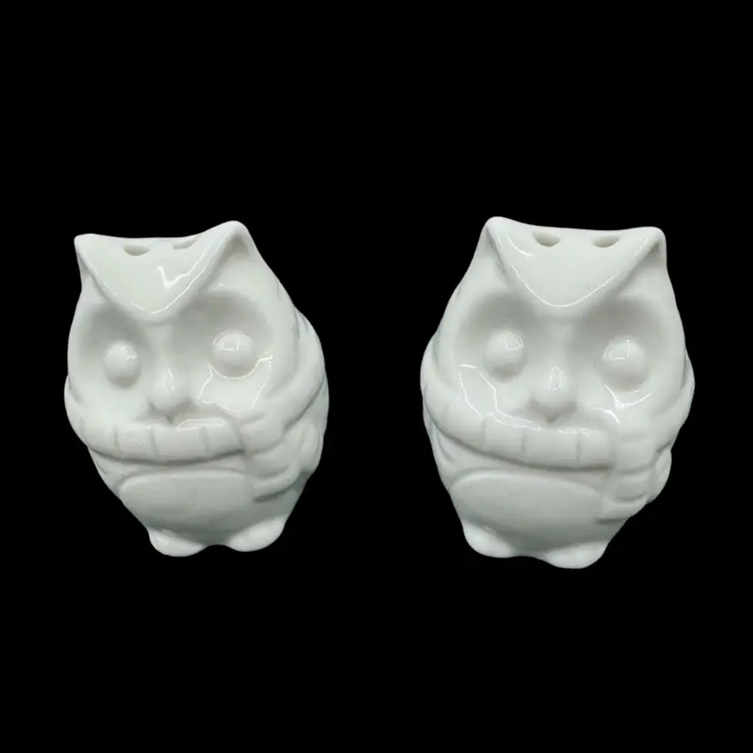 Pair of white glossy ceramic owl-shaped salt and pepper shakers.