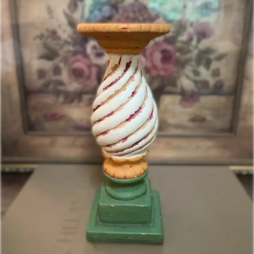 Vintage Southern Living at Home Carousel Ceramic Distress Painted Pillar Candle Holder 11” x 3.75”