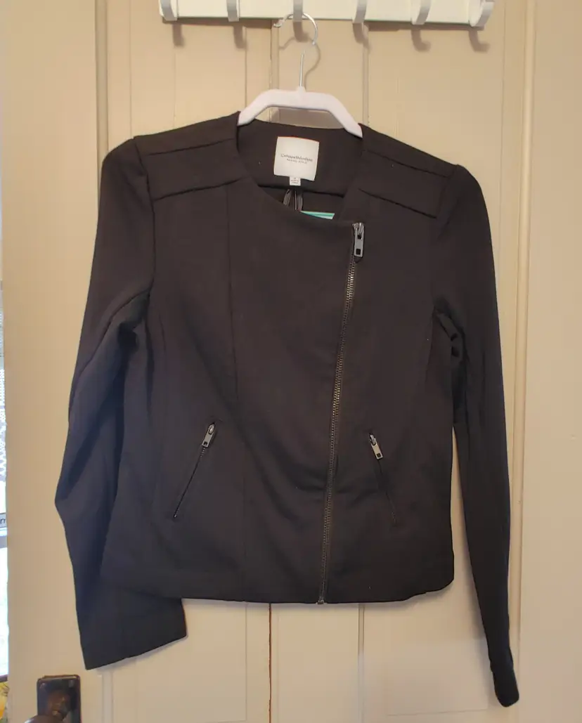 Jacket- Brand: Catherine Malandrino Runway Style. Size Small. NWT. Retail $180. Black jacket. 72% polyester, 24% rayon, 4% spandex. No callouts.