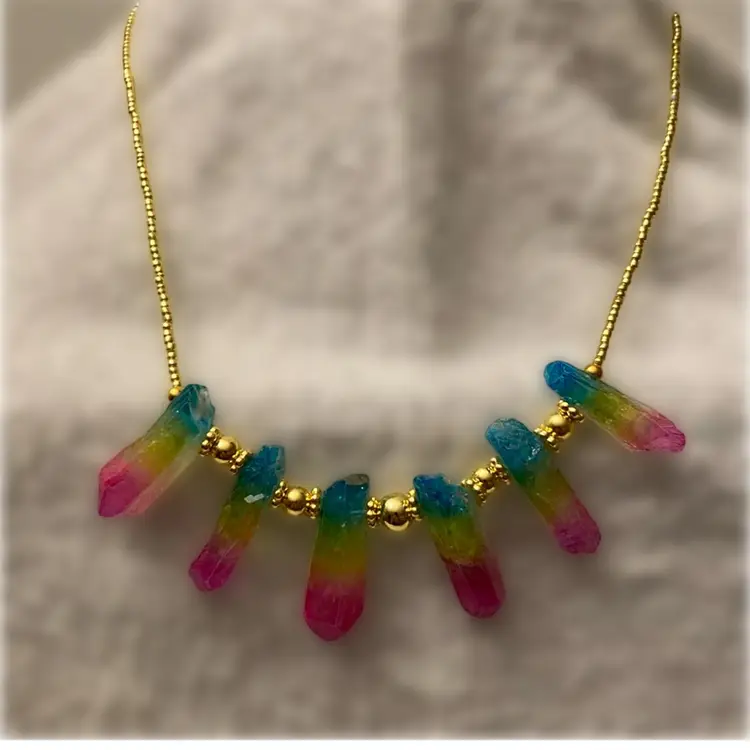 Gold Tone Beaded with Rainbow Aura Quartz Crystal Points Necklace