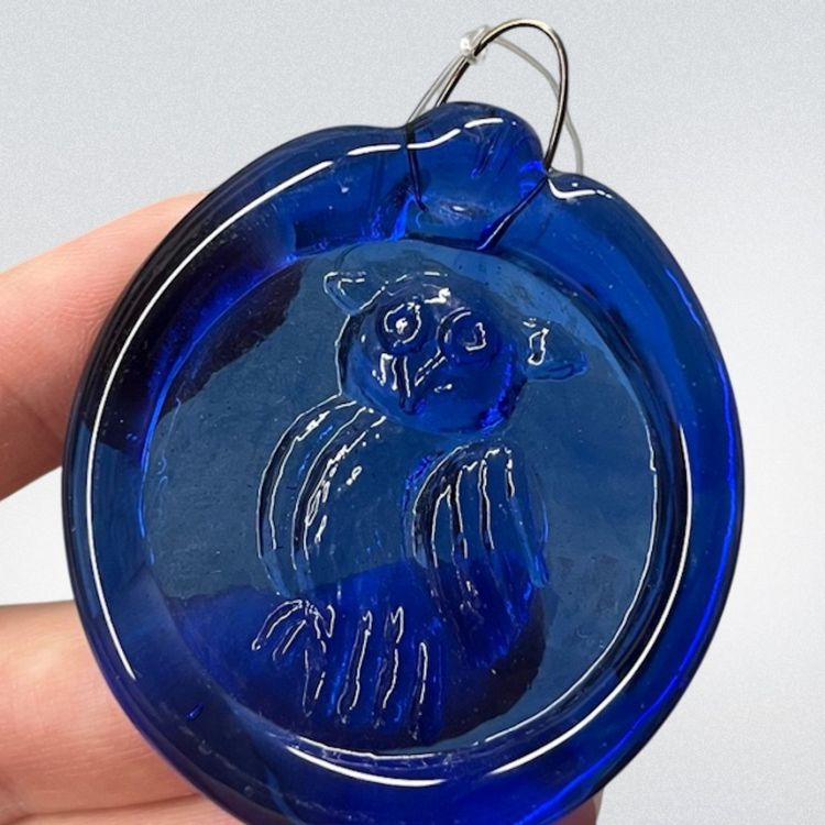Pressed Blue Glass Owl Ornament, Embossed Glass Owl Suncatcher