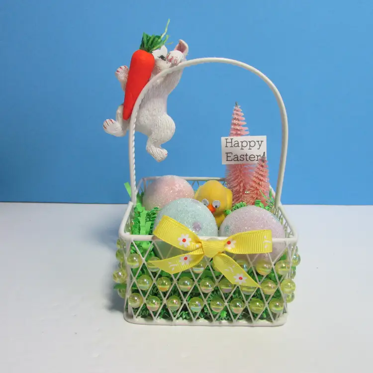 handmade crafted Easter spring assemblage beaded basket bunny rabbit chick eggs