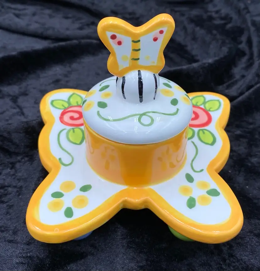 Vintage Bird Brain (csara) Dual Butterfly Trinket Box/Candle Holder, Hand-Painted