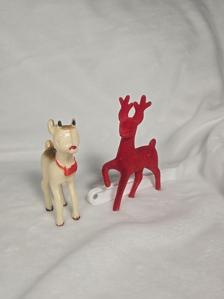 Vintage Mid-Century Reindeer Ornaments – Cream Plastic & Red Flocked (Set of 2)