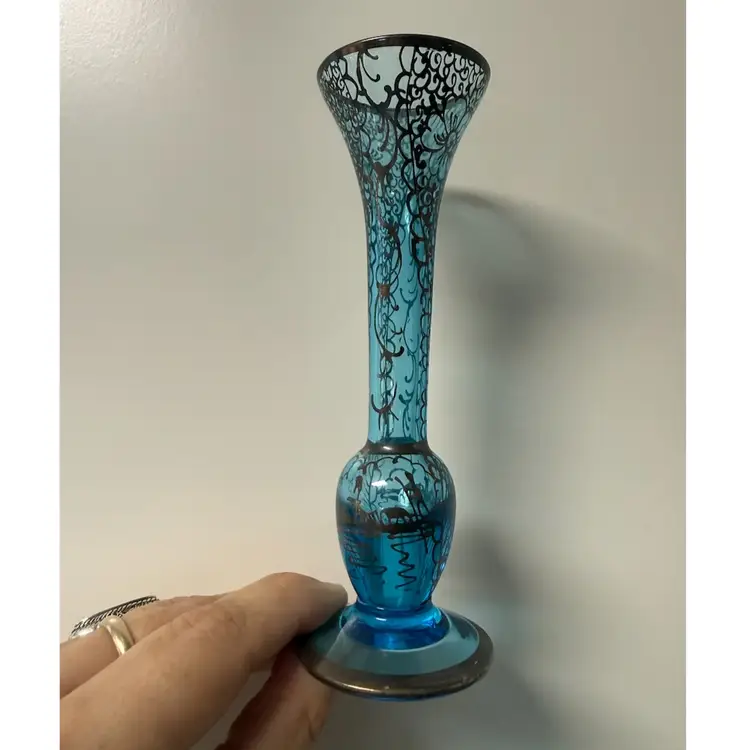 Italian Venetian Blue Glass Vase w/ Intricate Sterling Silver Floral Overlay 7.5”