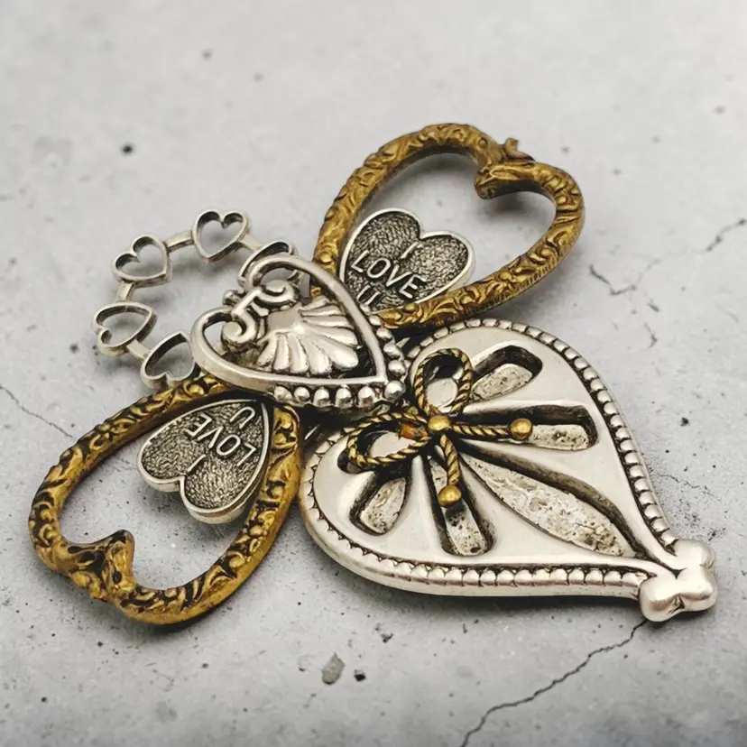 Cross Embellished w/ Hearts & I Love U Silver & Copper Tone Brooch Treska