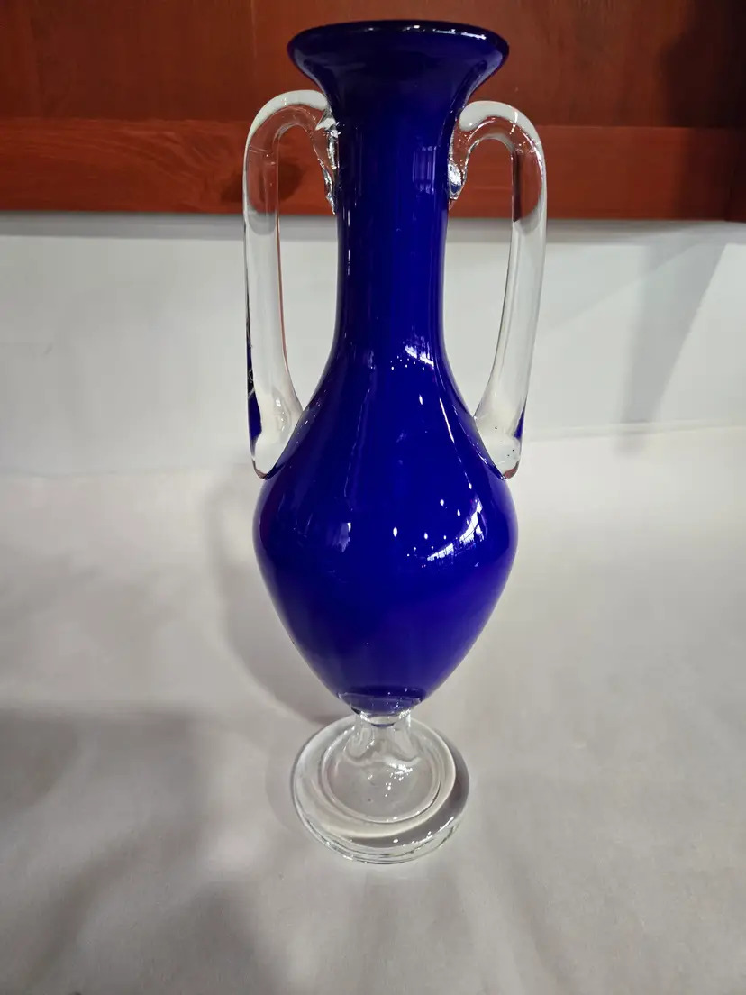 Cobalt Blue Amphora Vase w/ Clear Handles and Foot