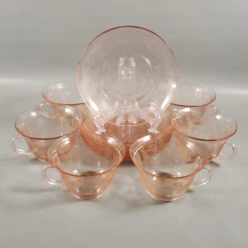 Vintage MACBETH-EVANS Pink Dogwood Apple Blossom Glass Teacup and Saucer Set