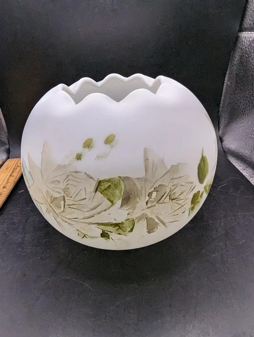 Vintage Satin Glass Rose Bowl With Hand Painted Floral Design.