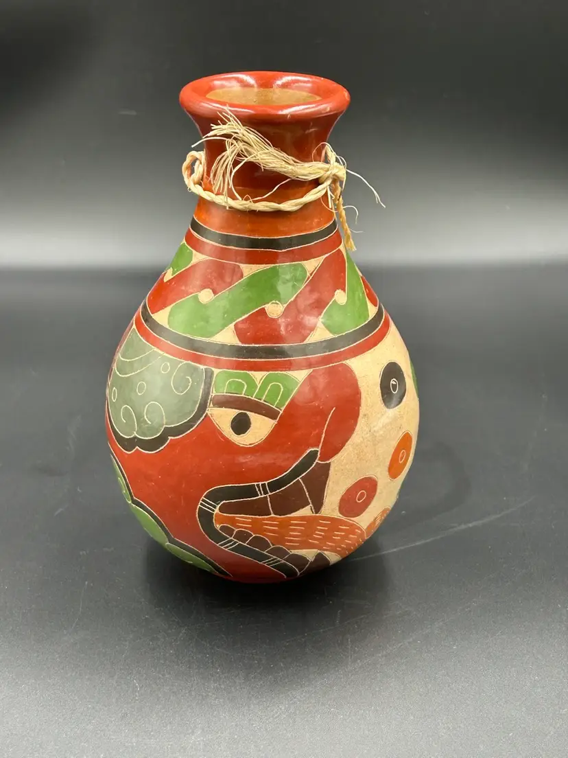 Vintage Nicaragua Art Pottery Clay Vase Cart, And Decorated 6”